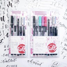 <a href="http://amzn.to/2gpCj2M" target="_blank">Tombow Beginner Lettering Set</a> - <a href="http://amzn.to/2xSTNzL" target="_blank">Tombow Advanced Lettering Set</a>